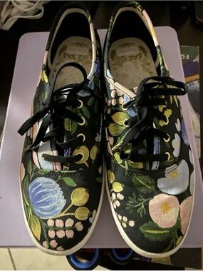 Keds Rifle Paper Black Floral Canvas Lace-Up Sneakers Size 8